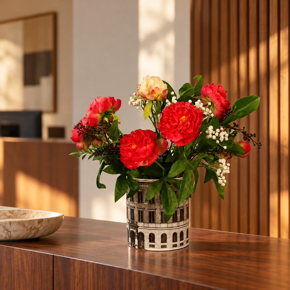 Kunstboeket Elaine in lage vintage vaas met zwart-wit stadsdessin, maat L – Reflower, abonnement op kunstbloemen
