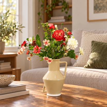Kunstboeket Lonne in lichtgele glanzende Return to Sender vaas met oor, maat M – Reflower, abonnement op kunstbloemen