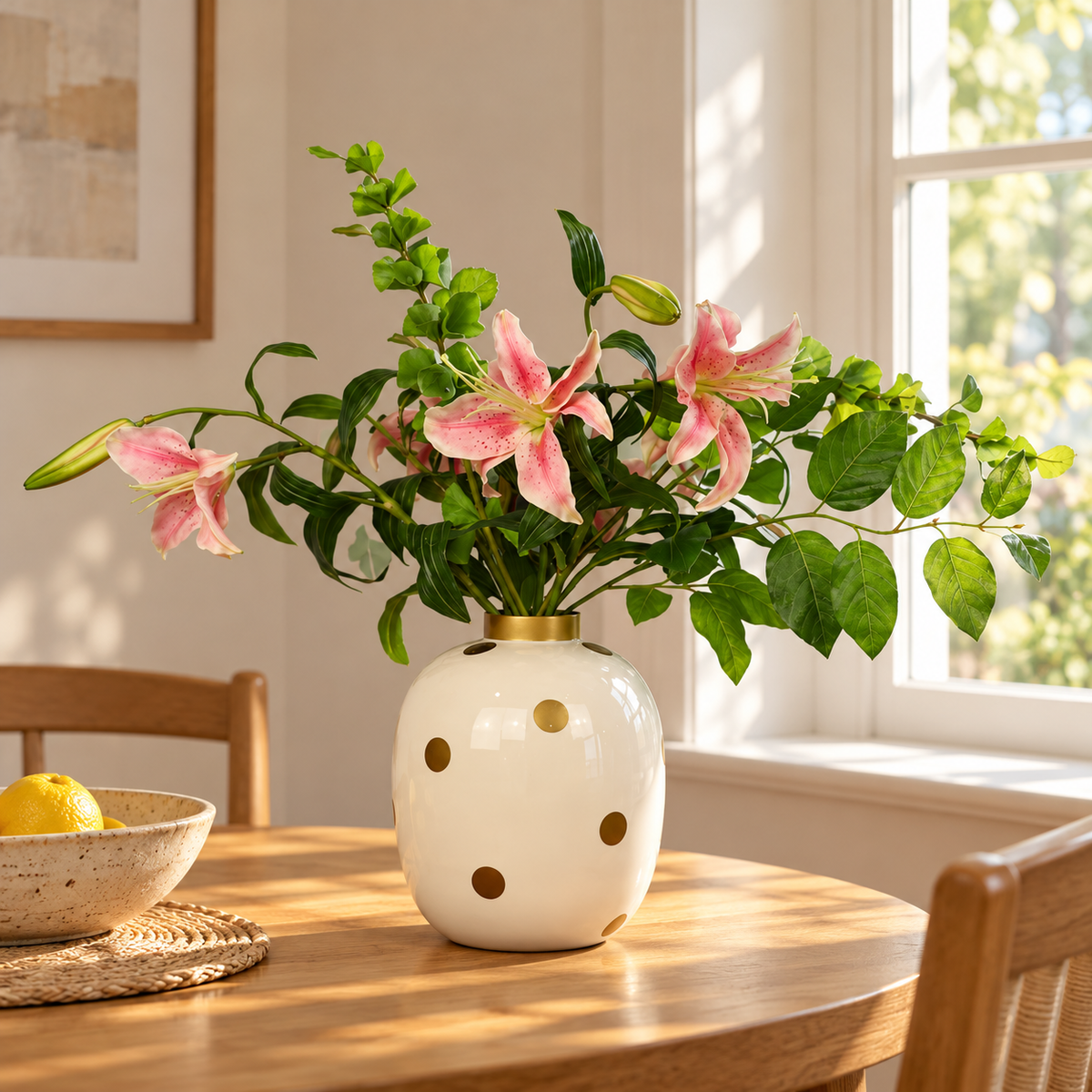 Kunstboeket Sienna in witte Pip Studio bolvaas met gouden stippen, maat L – Reflower, abonnement op kunstbloemen