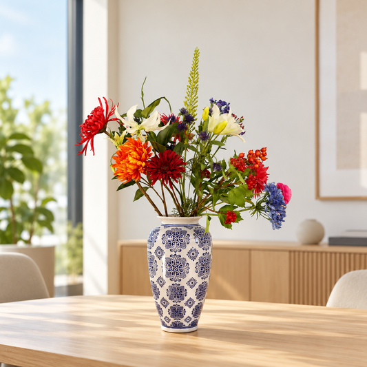 Kunstboeket Coen in Delfts blauwe vaas met bloemdessin, maat L – Reflower, abonnement op kunstbloemen