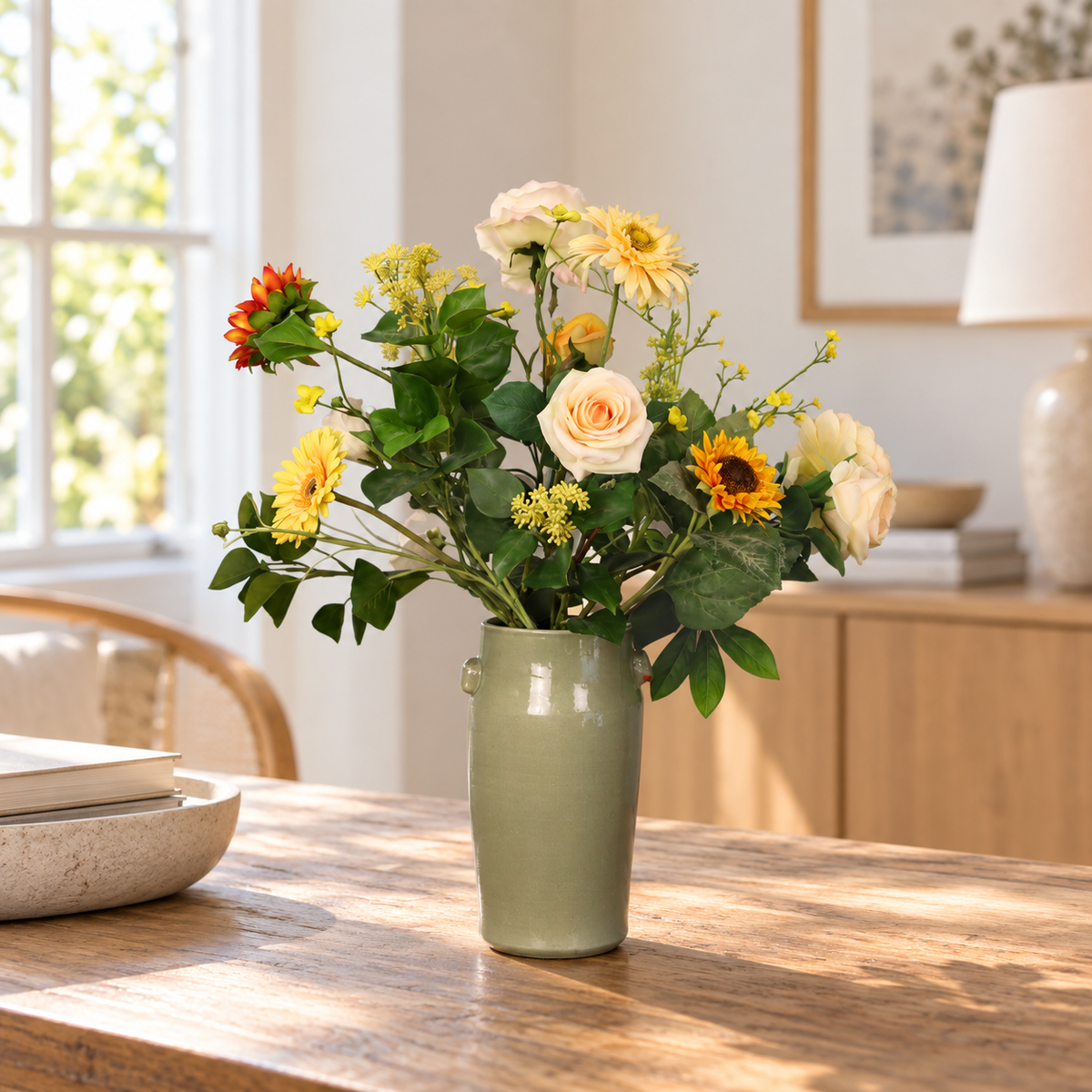 Kunstboeket Jody in saliegroene glanzende Serax vaas, maat L – Reflower, abonnement op kunstbloemen