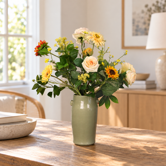 Kunstboeket Jody in saliegroene glanzende Serax vaas, maat L – Reflower, abonnement op kunstbloemen