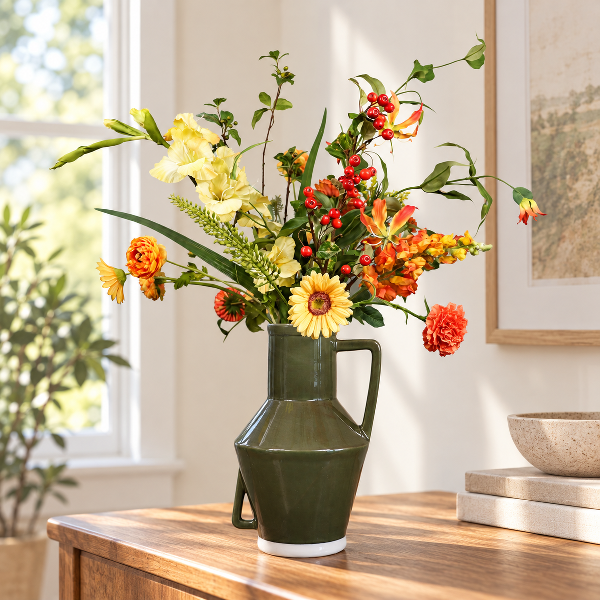 Kunstboeket Phil in donkergroene Return to Sender kanvaas met oor, maat XL – Reflower, abonnement op kunstbloemen
