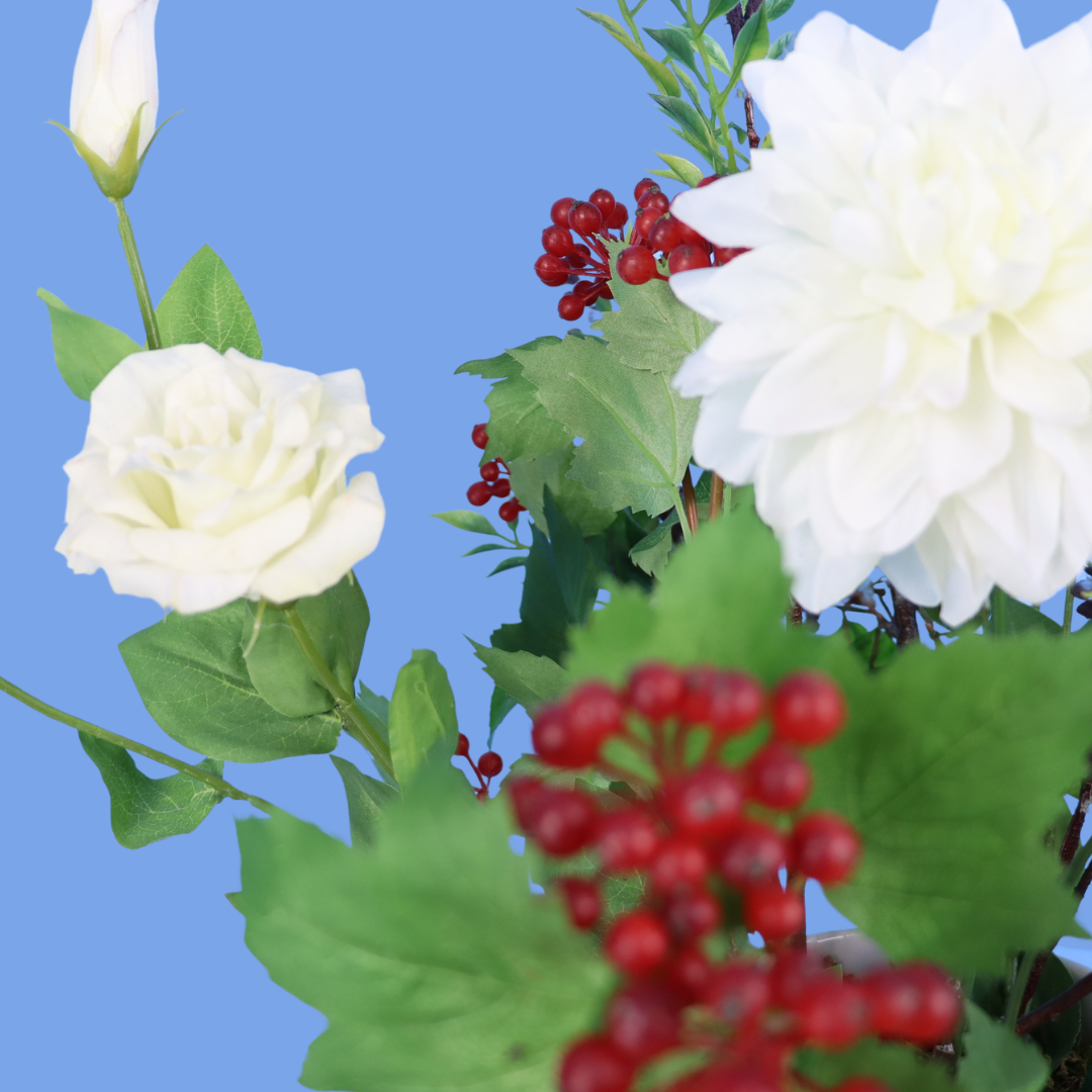 Kunstboeket Morris in zwart-witte vintage vaas met grafisch patroon, maat L – Reflower, abonnement op kunstbloemen