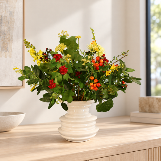 Kunstboeket Freesia in witte geribbelde Pols Potten vaas, maat L – Reflower, abonnement op kunstbloemen