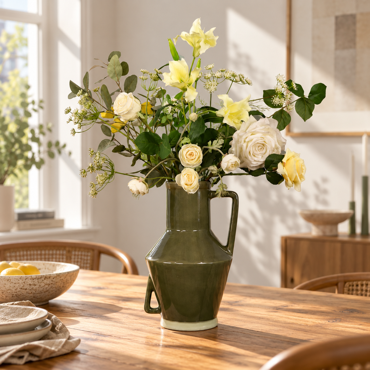 Kunstboeket Elin in olijfgroene glanzende Return to Sender vaas met oren, maat XL – Reflower, abonnement op kunstbloemen