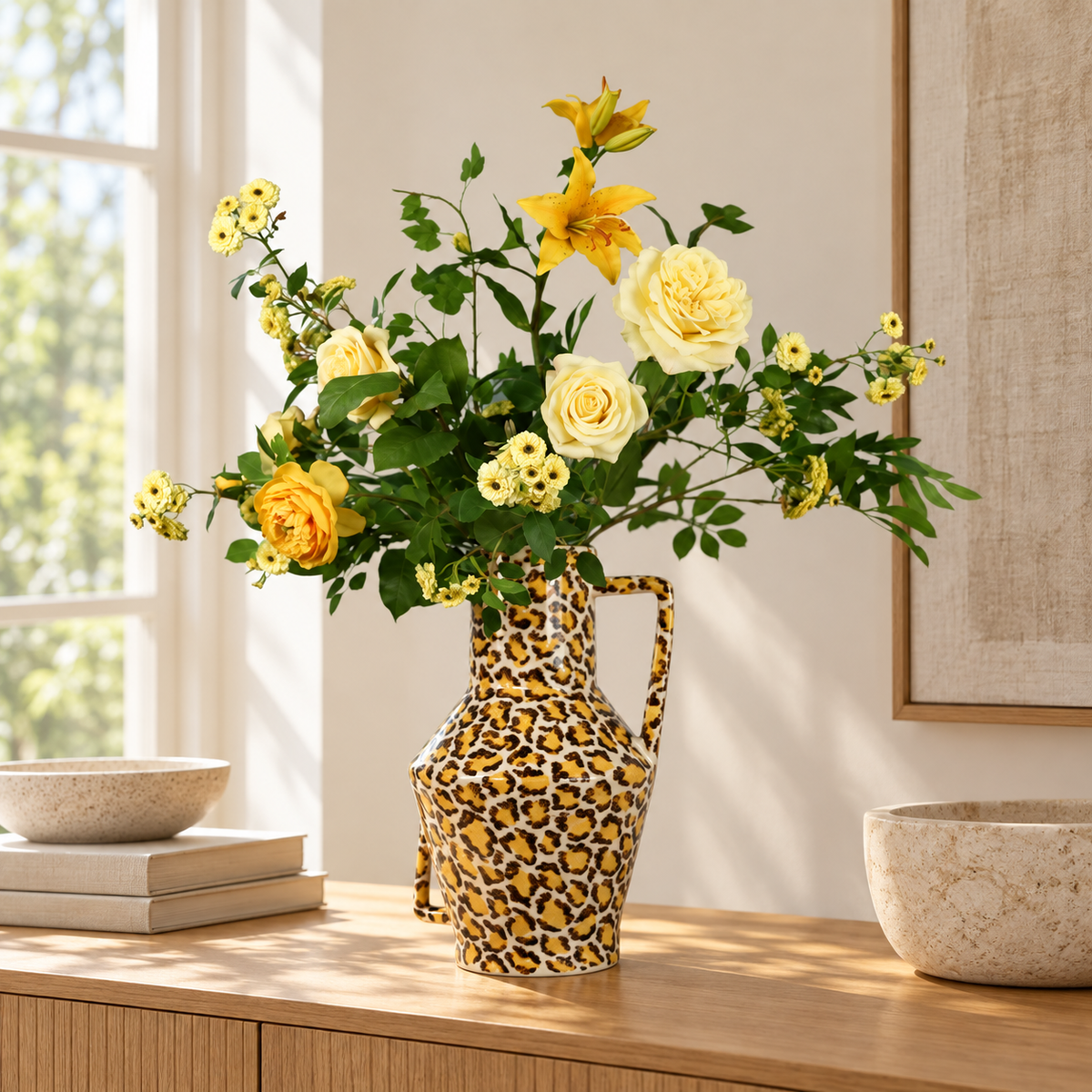 Kunstboeket Arno in Return to Sender vaas met luipaardprint en oor, maat XL – Reflower, abonnement op kunstbloemen