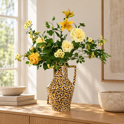 Kunstboeket Arno in Return to Sender vaas met luipaardprint en oor, maat XL – Reflower, abonnement op kunstbloemen