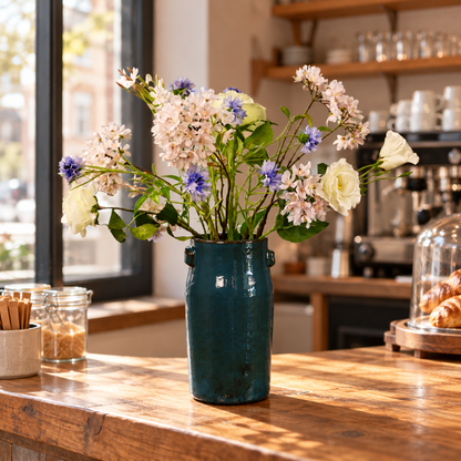 Kunstboeket Loudi in petrolblauwe geglazuurde Serax vaas met oortjes, maat L – Reflower, abonnement op kunstbloemen