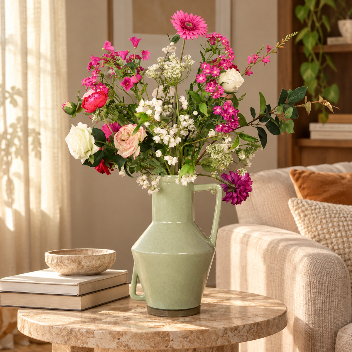 Kunstboeket Sieb in saliegroene glanzende Return to Sender vaas met oor, maat XL – Reflower, abonnement op kunstbloemen