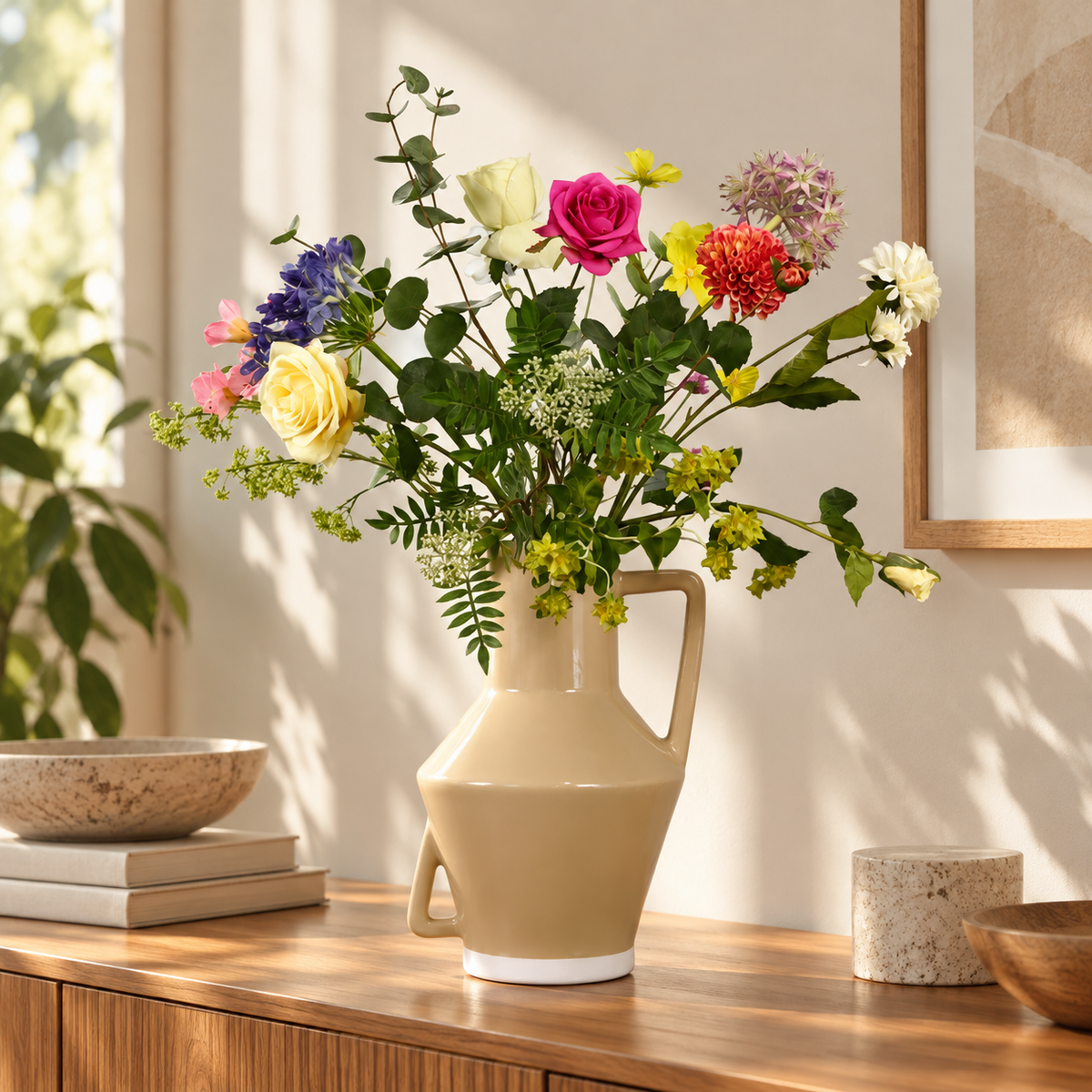 Kunstboeket Joost in zandkleurige glanzende Return to Sender vaas met oor, maat XL – Reflower, abonnement op kunstbloemen