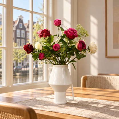 Kunstboeket Nova in witte glanzende Return to Sender vaas met oor, maat L – Reflower, abonnement op kunstbloemen