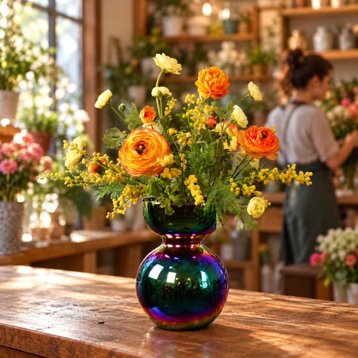 Kunstboeket Claudia in iriserende glazen Pols Potten bolvaas, maat L – Reflower, abonnement op kunstbloemen