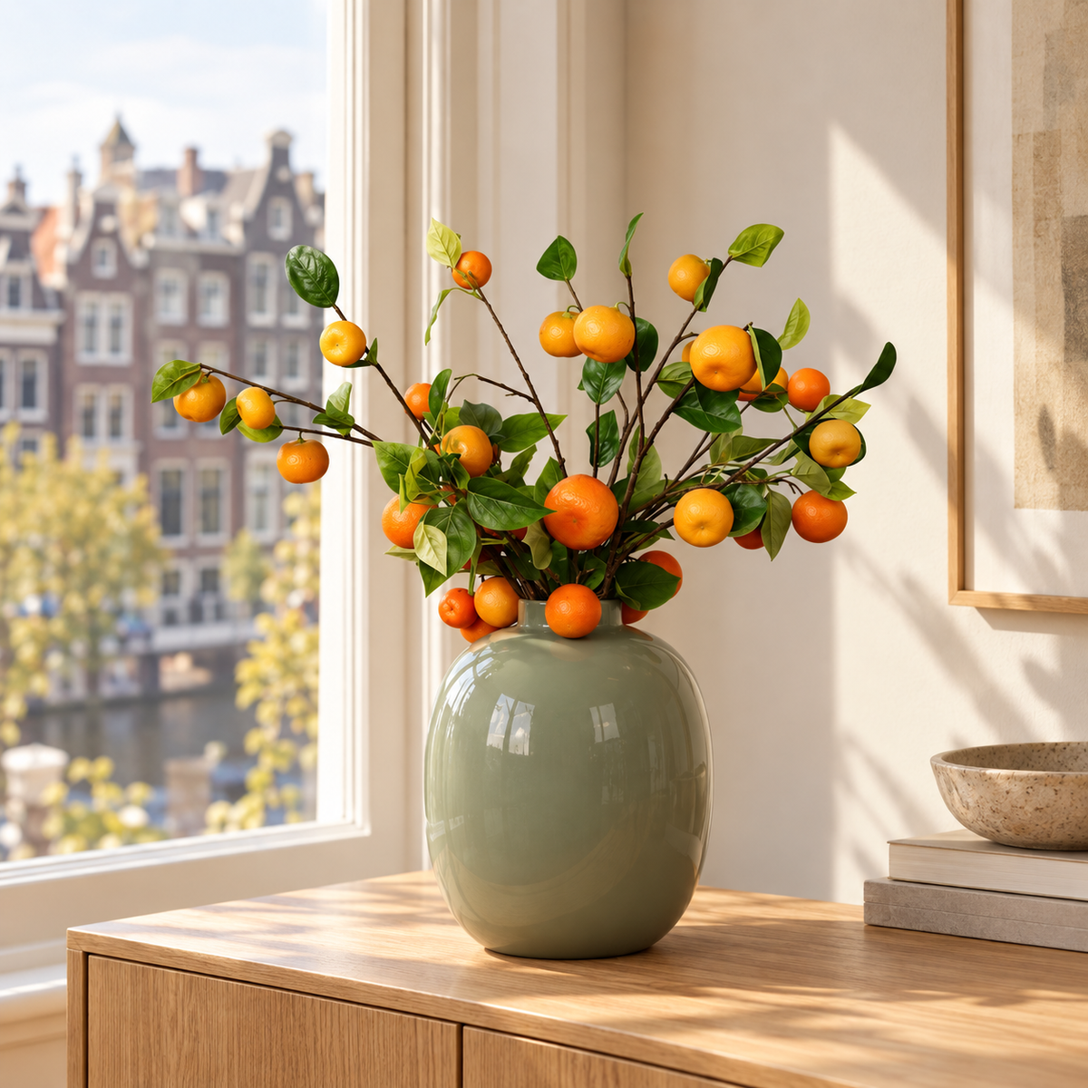 Kunstboeket Lance in saliegroene glanzende Pip Studio bolvaas, maat L – Reflower, abonnement op kunstbloemen