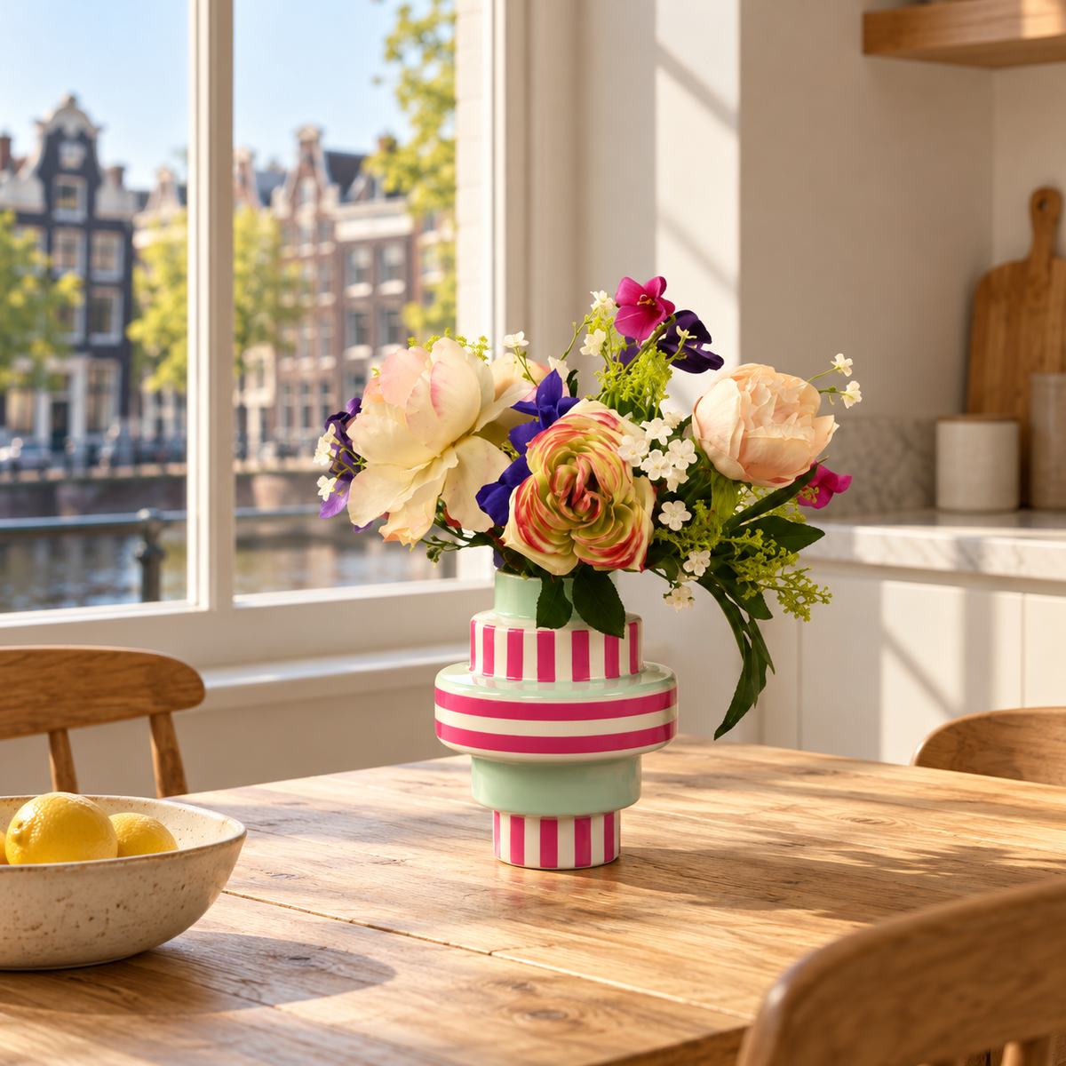 Kunstboeket Mel in roze-wit gestreepte House Vitamin vaas, maat M – Reflower, abonnement op kunstbloemen
