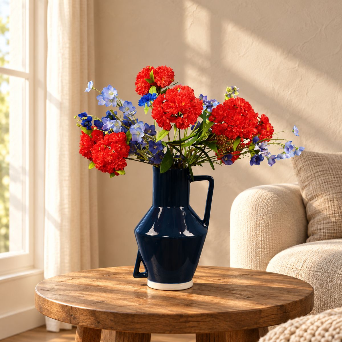 Kunstboeket Teddy in donkerblauwe glanzende Return to Sender vaas met oor, maat L – Reflower, abonnement op kunstbloemen