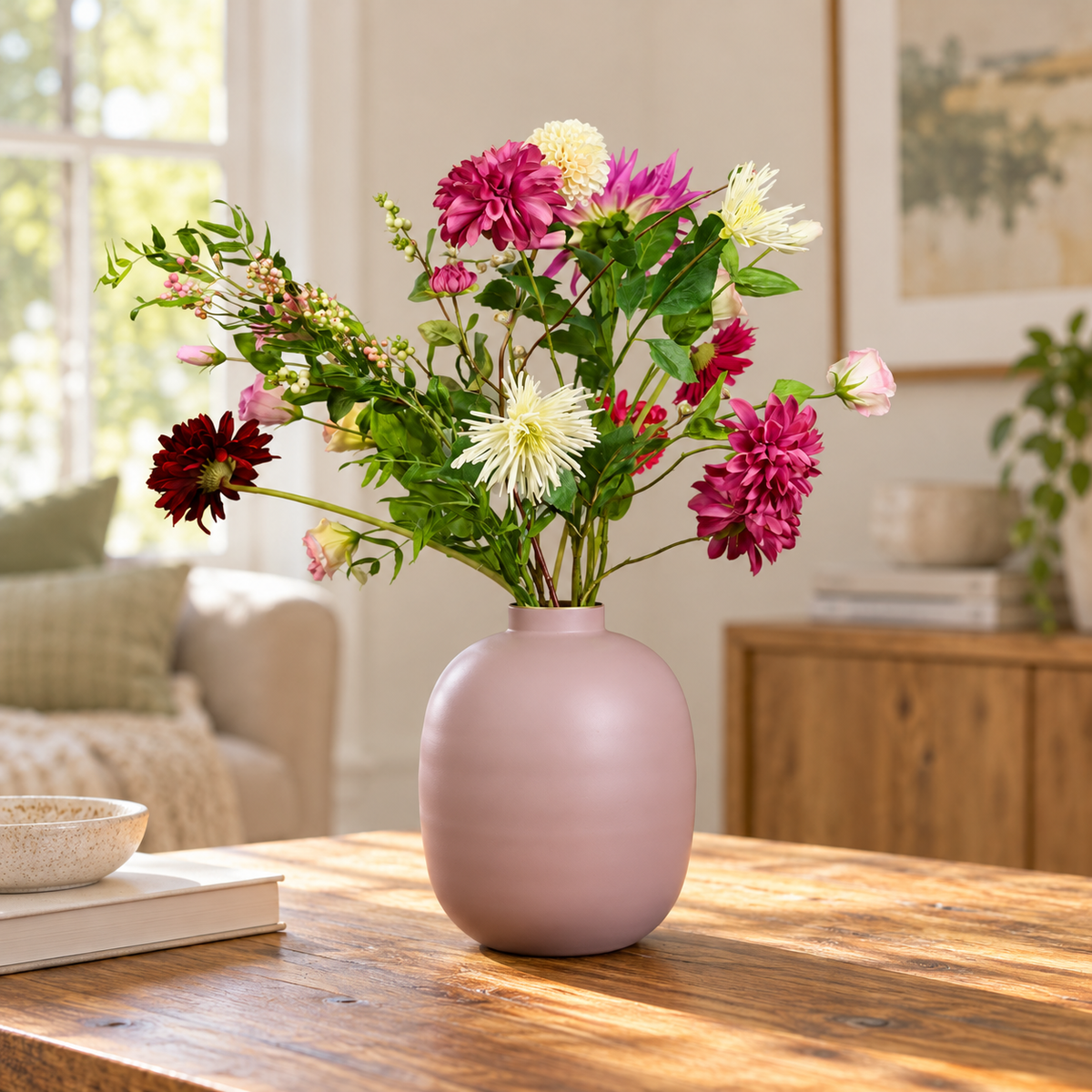Kunstboeket Hazel in oudroze bolle Pip Studio vaas, maat L – Reflower, abonnement op kunstbloemen