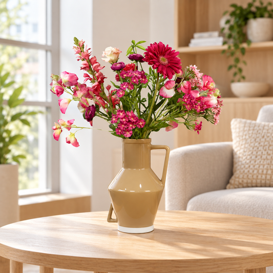Kunstboeket Johanna in caramelkleurige glanzende Return to Sender vaas met oor, maat L – Reflower, abonnement op kunstbloemen