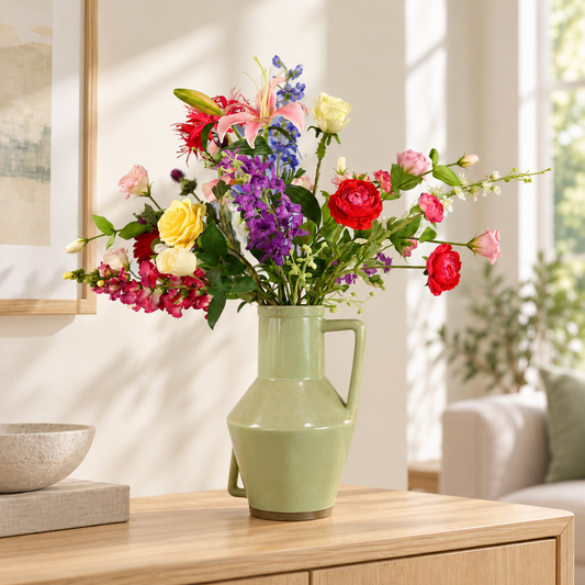 Kunstboeket Jari in saliegroene glanzende Return to Sender vaas met oor, maat XL – Reflower, abonnement op kunstbloemen