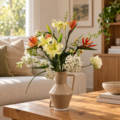 Kunstboeket Lorraine in taupe glanzende Return to Sender vaas met oor, maat L – Reflower, abonnement op kunstbloemen