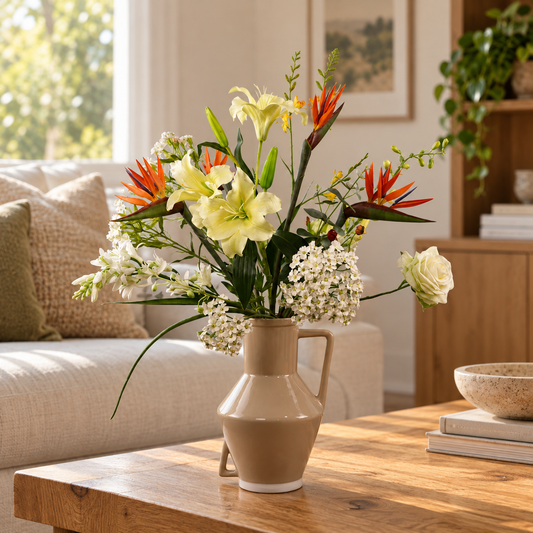 Kunstboeket Lorraine in taupe glanzende Return to Sender vaas met oor, maat L – Reflower, abonnement op kunstbloemen