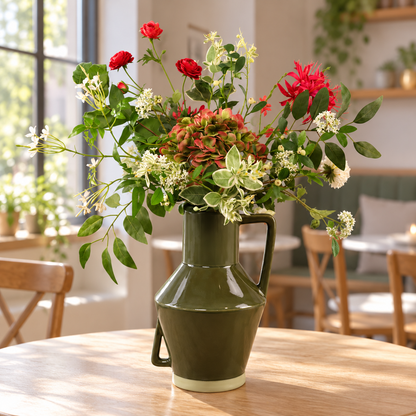 Kunstboeket Mina in olijfgroene glanzende Return to Sender vaas met oor, maat XL – Reflower, abonnement op kunstbloemen
