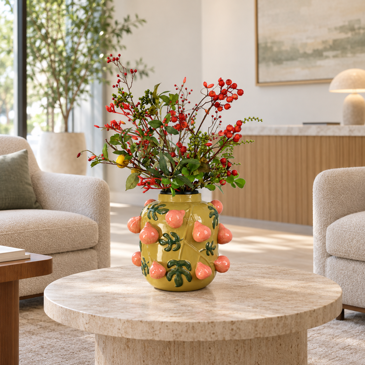 Kunstboeket Marloes in olijfgroene Kwantum vaas met perenreliëf, maat XL – Reflower, abonnement op kunstbloemen