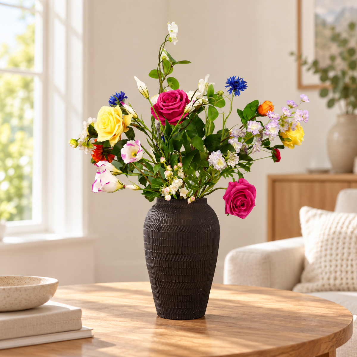 Kunstboeket Jenti in donkerbruine geribbelde Serax vaas, maat L – Reflower, abonnement op kunstbloemen