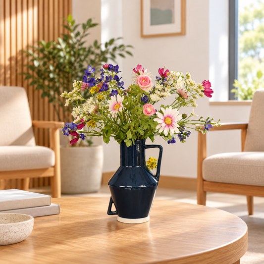 Kunstboeket Yvette in donkerblauwe glanzende Return to Sender vaas met oor, maat L – Reflower, abonnement op kunstbloemen