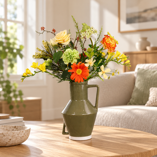 Kunstboeket Niek in olijfgroene glanzende Return to Sender vaas met oor, maat L – Reflower, abonnement op kunstbloemen