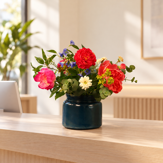 Kunstboeket Moon in donkergroene glanzende Serax vaas, maat M – Reflower, abonnement op kunstbloemen