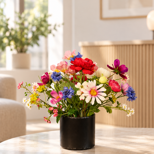 Kunstboeket Ulf in kleine zwarte vintage cilindervaas, maat M – Reflower, abonnement op kunstbloemen