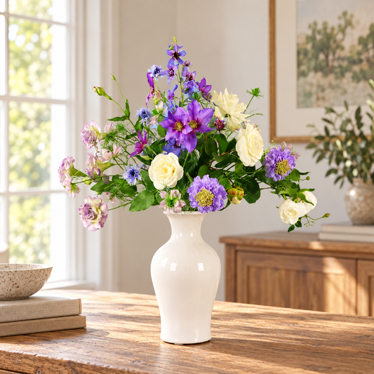 Kunstboeket Mathilda in witte glanzende vintage vaas, maat L – Reflower, abonnement op kunstbloemen