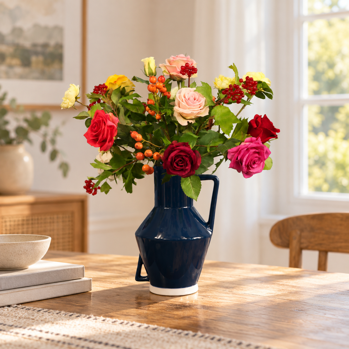 Kunstboeket Cindy in donkerblauwe Return to Sender kanvaas met oor, maat M – Reflower, abonnement op kunstbloemen