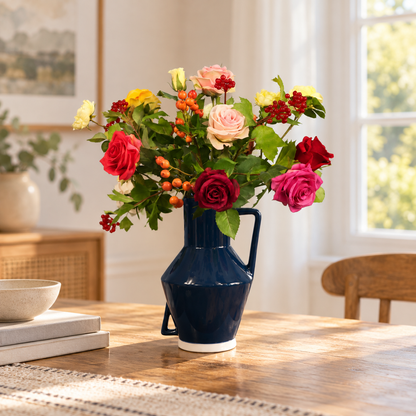 Kunstboeket Cindy in donkerblauwe Return to Sender kanvaas met oor, maat M – Reflower, abonnement op kunstbloemen