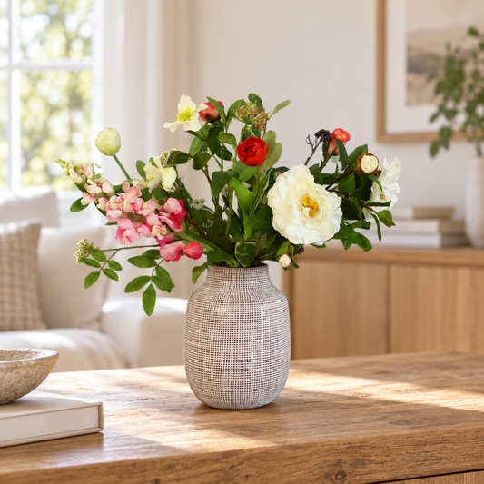 Kunstboeket Vivianne in grijs-witte pre-loved vaas met streepjesdessin, maat M – Reflower, abonnement op kunstbloemen