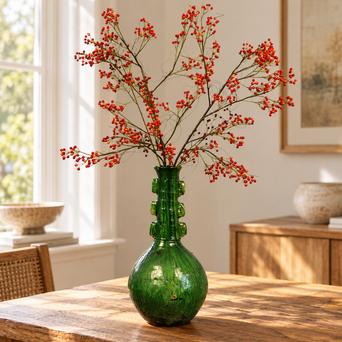 Kunstboeket Bobje in groene glazen vintage vaas met geribbelde hals, maat XL – Reflower, abonnement op kunstbloemen