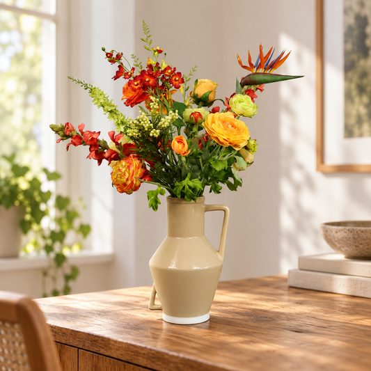 Kunstboeket Vieve in zandkleurige Return to Sender kanvaas met oor, maat XL – Reflower, abonnement op kunstbloemen
