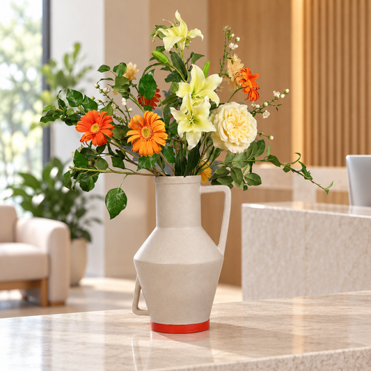 Kunstboeket Lisse in zandkleurige matte Return to Sender vaas met oor, maat XL – Reflower, abonnement op kunstbloemen