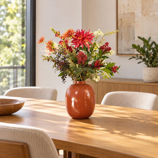 Kunstboeket Renske in roestrode glanzende Pip Studio bolvaas, maat L – Reflower, abonnement op kunstbloemen