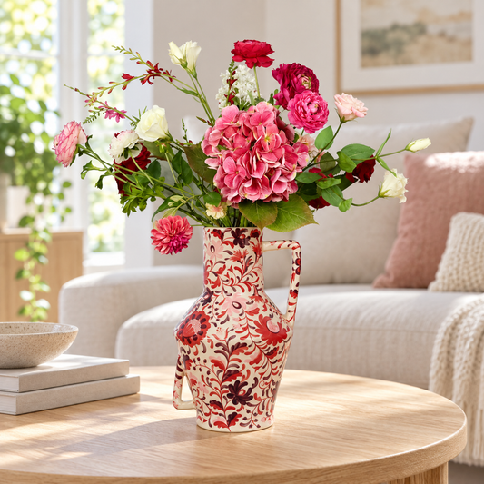 Kunstboeket Luciene in roodbeschilderde Return to Sender vaas, maat XL – Reflower, abonnement op kunstbloemen