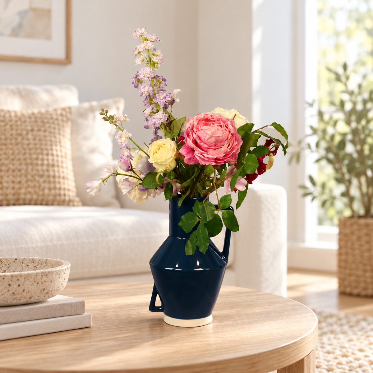 Kunstboeket Jonah in donkerblauwe glanzende Return to Sender vaas met oren, maat L – Reflower, abonnement op kunstbloemen