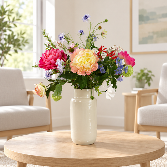 Kunstboeket Alika in crèmewitte glanzende Serax vaas, maat L – Reflower, abonnement op kunstbloemen