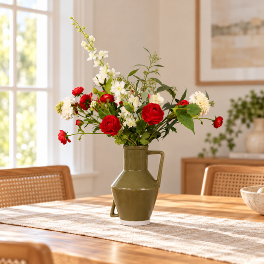 Kunstboeket Lieke in olijfgroene glanzende Return to Sender vaas met oor, maat L – Reflower, abonnement op kunstbloemen