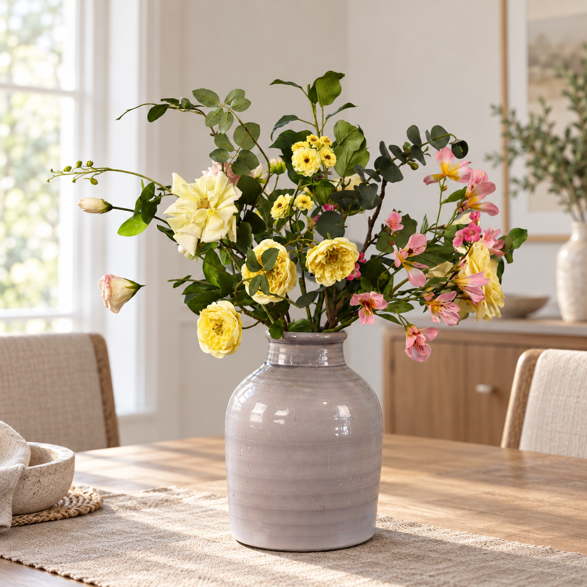 Kunstboeket Nolan in grijze matte keramieken vaas, maat L – Reflower, abonnement op kunstbloemen