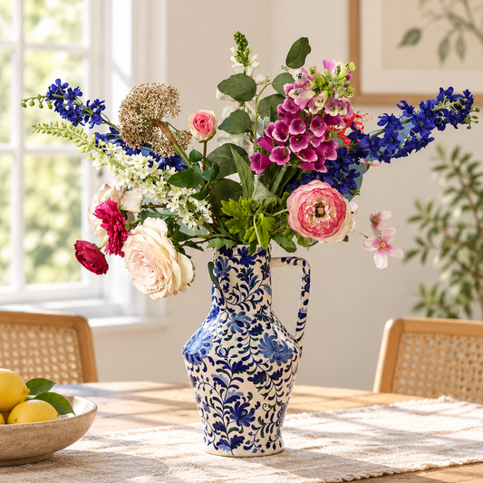 Kunstboeket Adela in Delfts blauwe handbeschilderde Return to Sender vaas, maat XL – Reflower, abonnement op kunstbloemen