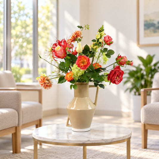 Kunstboeket Joke in taupe glanzende Return to Sender vaas met oor, maat L – Reflower, abonnement op kunstbloemen