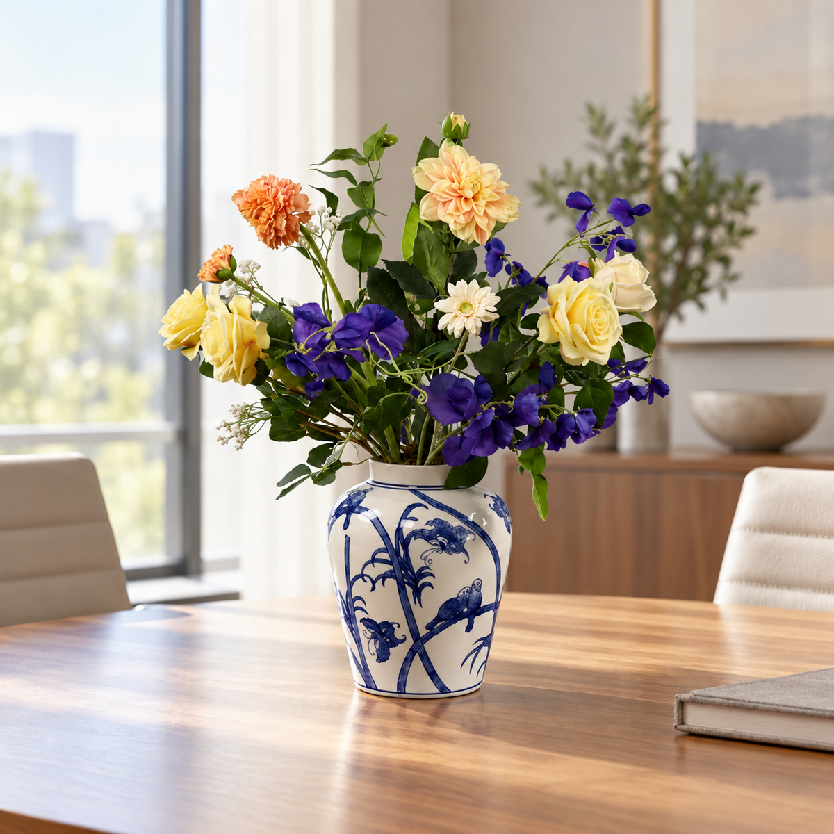 Kunstboeket Kate in blauw-witte vintage vaas met landschapsdecor, maat L – Reflower, abonnement op kunstbloemen