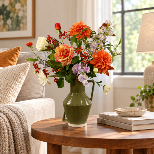 Kunstboeket Florine in olijfgroene glanzende Return to Sender vaas met oor, maat L – Reflower, abonnement op kunstbloemen