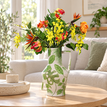 Kunstboeket Janette in witte Return to Sender vaas met groen bladdessin, maat XL – Reflower, abonnement op kunstbloemen